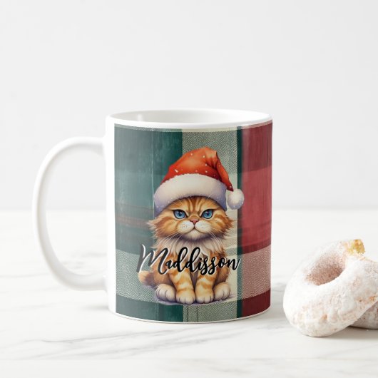Weihnachten Karierte Weihnachtskatze mit Namen Kaffeetasse (Mit Donut)
