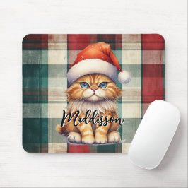 Weihnachten Karierte Weihnachtskatze mit Namen Mousepad