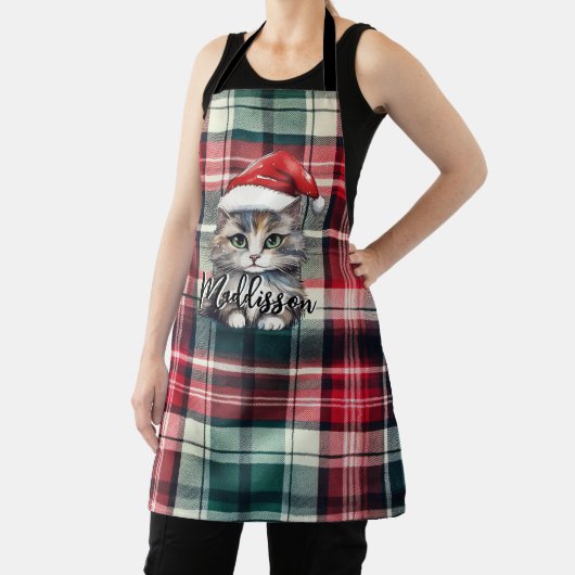 Weihnachten Karierte Weihnachtskatze mit Namen Schürze (InSitu)