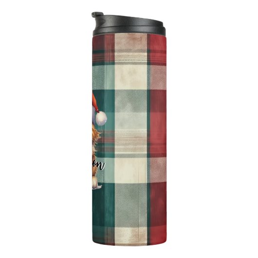 Weihnachten Karierte Weihnachtskatze mit Namen Thermosbecher (Nach rechts gedreht)