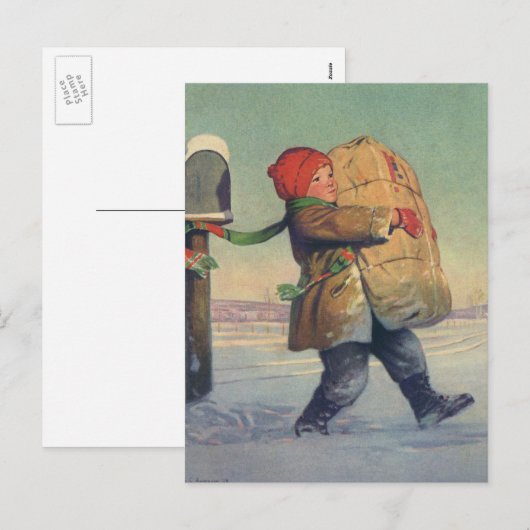 Weihnachten, Kind mit großem Paket Feiertagspostkarte (Vorne/Hinten)
