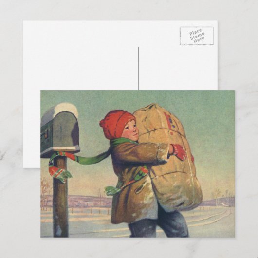 Weihnachten, Kind mit großem Paket Feiertagspostkarte (Vorne/Hinten)