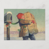 Weihnachten, Kind mit großem Paket Feiertagspostkarte (Vorderseite)