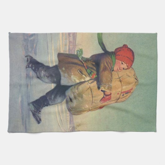 Weihnachten, Kind mit großem Paket Geschirrtuch (Horizontal)