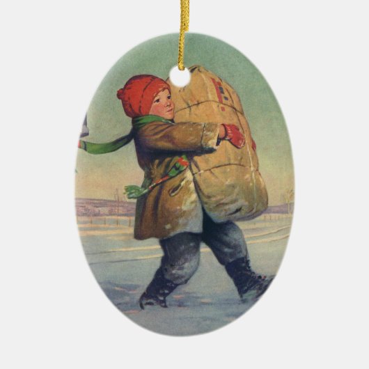 Weihnachten, Kind mit großem Paket Keramikornament (Vorne)