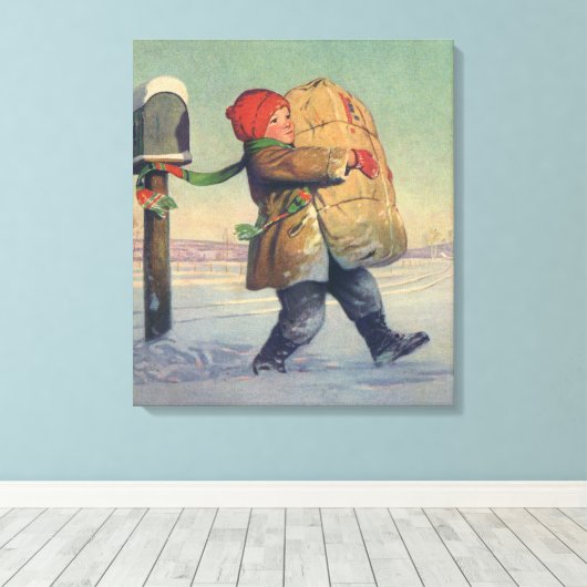 Weihnachten, Kind mit großem Paket Leinwanddruck (Insitu (Holzboden))