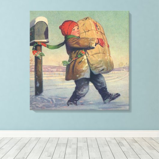 Weihnachten, Kind mit großem Paket Leinwanddruck (Insitu (Holzboden))