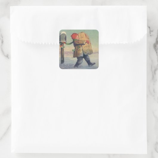 Weihnachten, Kind mit großem Paket Quadratischer Aufkleber (Tasche)