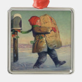 Weihnachten, Kind mit großem Paket Silbernes Ornament (Vorne)