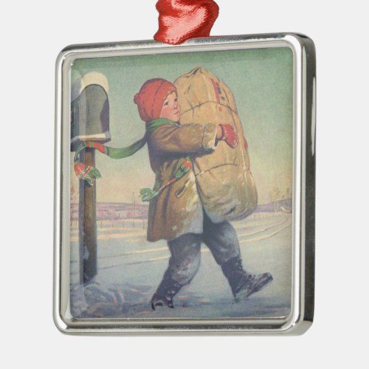 Weihnachten, Kind mit großem Paket Silbernes Ornament (Links)