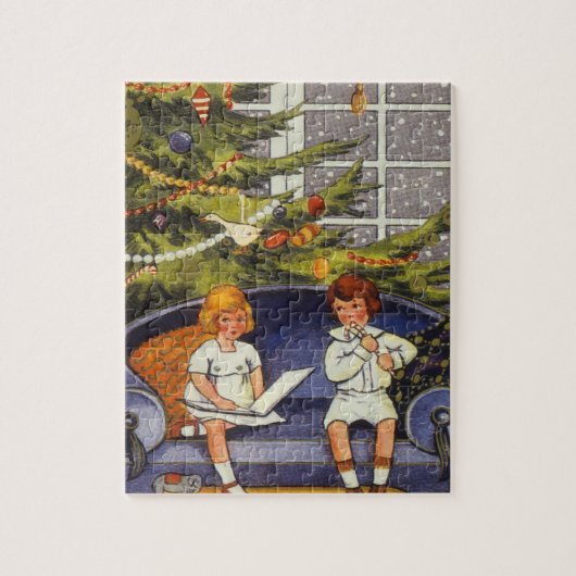 Weihnachten, Kinder auf einer Couch sitzen Puzzle (Vertikal)