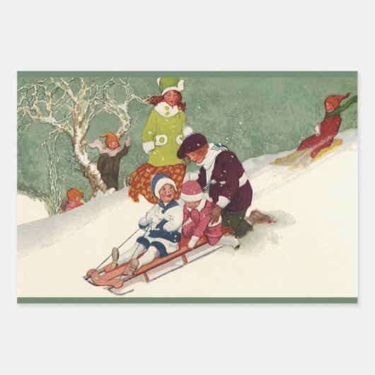 Weihnachten, Kinder Rodeln im Schnee Geschenkpapier Set (Vorderseite)