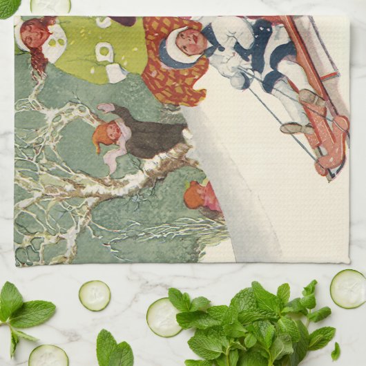 Weihnachten, Kinder Rodeln im Schnee Geschirrtuch (Gefaltet)