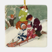 Weihnachten, Kinder Rodeln im Schnee Keramikornament (Vorderseite)