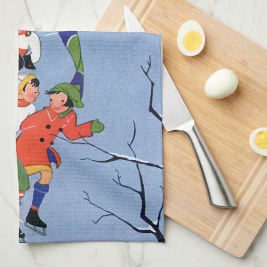 Weihnachten, Kindereis-Skaten auf dem See Geschirrtuch (Viertel Falte)