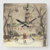 Weihnachten, Kirche im Winter Schnee Quadratische Wanduhr (Vorderseite)