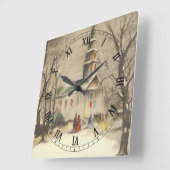 Weihnachten, Kirche im Winter Schnee Quadratische Wanduhr (Winkel)