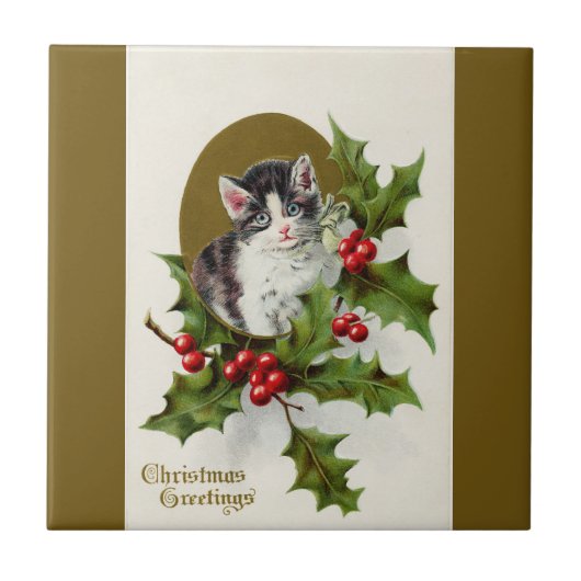 Weihnachten Kitten Gold Keramik Tile Fliese (Vorderseite)