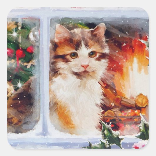 Weihnachten Kitten Quadratischer Aufkleber (Vorderseite)