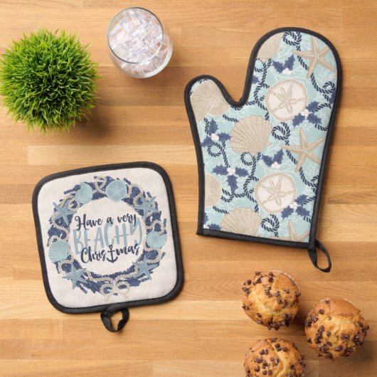 Weihnachten Küste Tropisches Meer Muschel Wreath Ofenhandschuh & Topflappen-Set (Oben Unten)