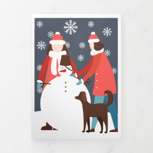 Weihnachten Lesbisches Paar Hund Schneemann Person Dreifach Gefaltete Urlaubskarte