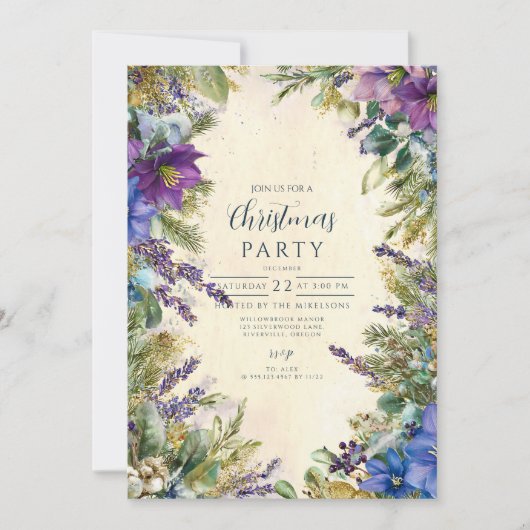 Weihnachten Lila Poinsettia Elegante Einladung (Vorderseite)