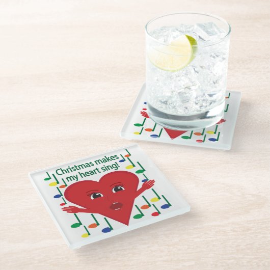 "Weihnachten macht mein Herz singen" Gesangsherz Glasuntersetzer (Schrägansicht)