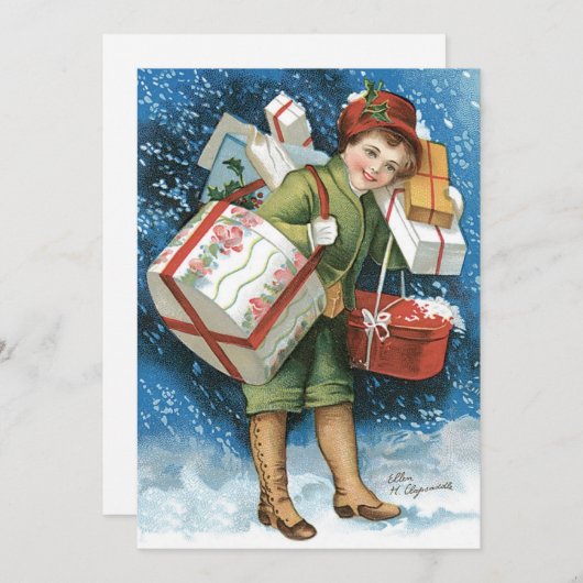 Weihnachten, Mädchen mit Geschenken im Winter Schn Einladung (Vorne/Hinten)