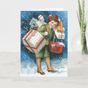 Weihnachten, Mädchen mit Geschenken im Winter Schn Feiertagskarte