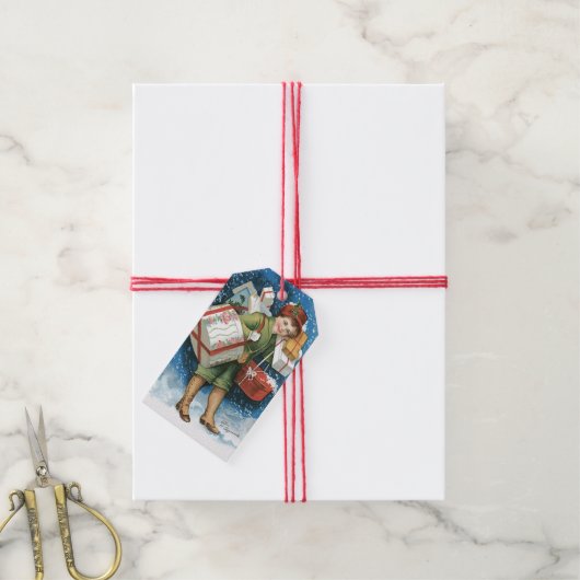 Weihnachten, Mädchen mit Geschenken im Winter Schn Geschenkanhänger (Mit Garn)