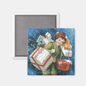 Weihnachten, Mädchen mit Geschenken im Winter Schn Magnet (Vorderseite/Rückseite)