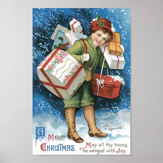 Weihnachten, Mädchen mit Geschenken im Winter Schn Poster