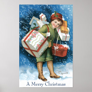Weihnachten, Mädchen mit Geschenken im Winter Schn Poster