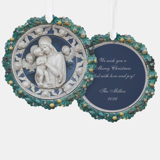 Weihnachten Madonna Kind Angels Della Robbia Wreat Ornament Karte (Vorderseite/Rückseite)