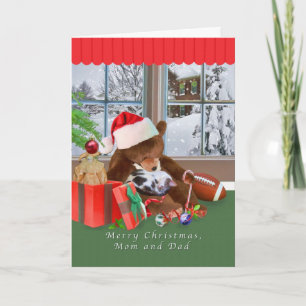 Weihnachten, Mama und Vater, Katze, Teddybär Feiertagskarte