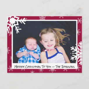 Weihnachten Maroon Snowflakes Familienfoto-Karte Postkarte