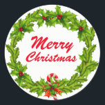 Weihnachten, Merry Christmas wreath Runder Aufkleber<br><div class="desc">Weihnachten,  Merry Christmas wreath
Sticker,  Aufkleber

Holly Ilex with red berries.
Stechpalme mit roten Beeren,  Weihnachtskranz

Green,  red colors</div>