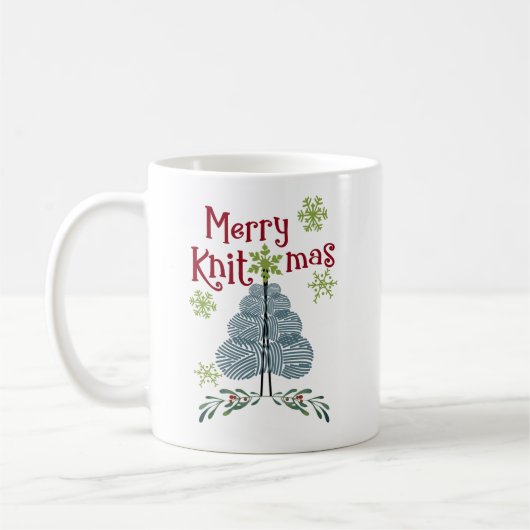 Weihnachten Merry Knitmas Garnbaum und Schneeflock Kaffeetasse (Links)