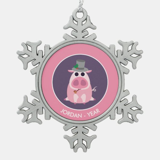 Weihnachten misstrauisch das Schwein Schneeflocken Zinn-Ornament (Vorderseite)