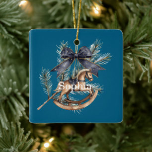 Weihnachten mit blauem Schleife-Schaukelpferd Keramikornament
