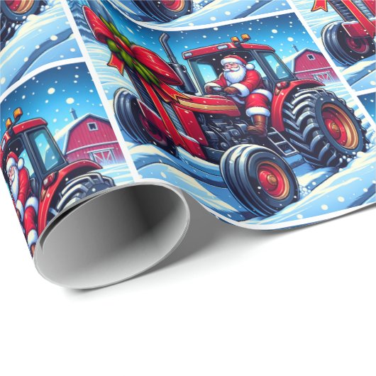 Weihnachten mit dem Auto eines roten Traktors Geschenkpapier (Rolleneckpunkt)