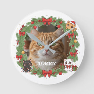Weihnachten mit individuellem Foto und Haustiernam Runde Wanduhr