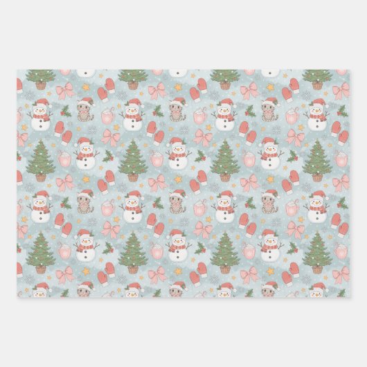 Weihnachten mit Katzen Snowmen Kekse & Milch 3 Geschenkpapier Set (Vorderseite)