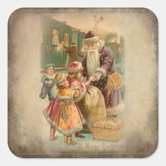 Weihnachten mit Kindern im Bahnhof Quadratischer Aufkleber (Vorderseite)