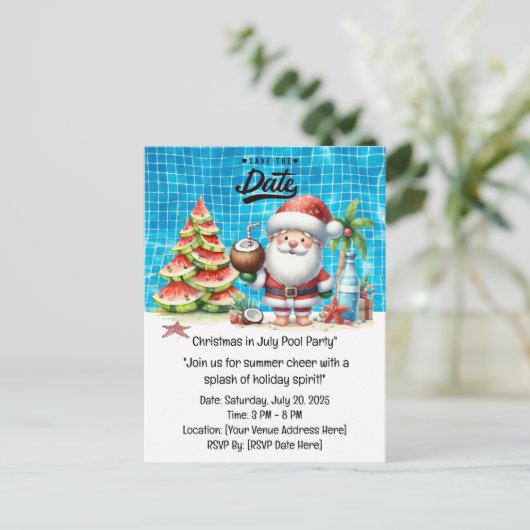 Weihnachten mit SANTA CLAUS Save the Date im Juli Postkarte (Stehend Vorderseite)