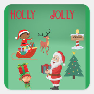 WEIHNACHTEN MIT SANTA UND ELBEN HOLLY JOLLY QUADRATISCHER AUFKLEBER