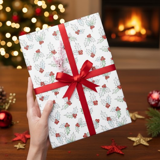 Weihnachten mit Wasserfarben-Stechpalmenblättern u Geschenkpapier