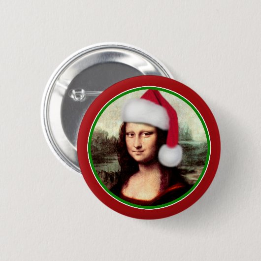 Weihnachten Mona Lisa mit Weihnachtsmannmütze Button (Vorne & Hinten)