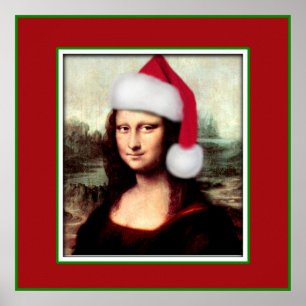 Weihnachten Mona Lisa mit Weihnachtsmannmütze Poster