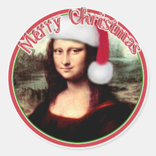 Weihnachten Mona Lisa mit Weihnachtsmannmütze Runder Aufkleber